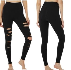 ALO Yoga High-Waist Ripped Warrior Black Leggings Size S Distressed Ripped